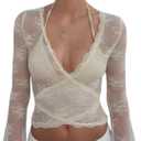 Women's Y2K Long Sleeve Sheer Mesh Top Deep V Neck Embroidery Floral Lace Top Sexy See Through Going Out Crop Tops (Large, White)