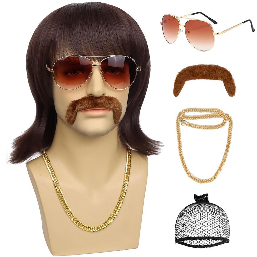 5pcs Set 70s 80s Disco Wig With Mustache Glasses Golden Chain Wig Cap Mens Short Brown Funny Mullet Wigs For 60s Retro Outfit Men Party Hippies Rocker Singer Costume Cosplay Halloween