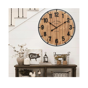 Large Old Town Farmhouse Wall Clock 24 Inch Rustic Antique Wood with Metal Circle and Large Numerals Silent Battery Operated Wall Clock for Office Kitchen Bedroom Living Room