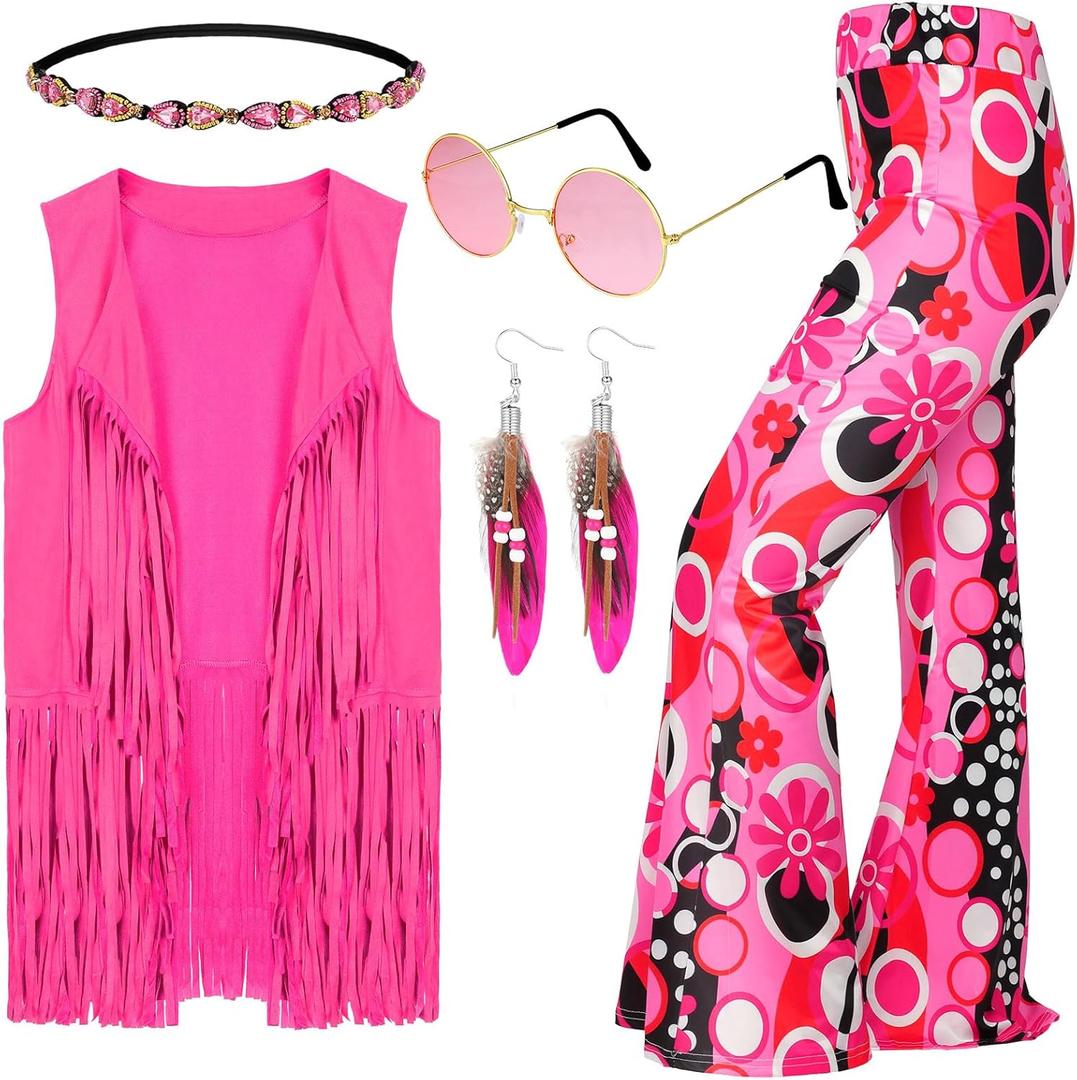 Leumoi 5 Pcs 60s 70s Costume for Women Disco Outfits Hippie Accessories Fringe Vest Boho Flared Pant for Mardi Gras Carnival (Small)