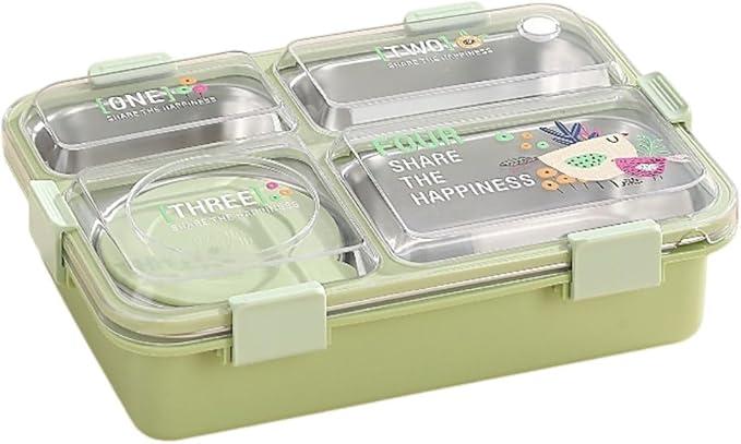 Lunch Box with 4 Compartment Inner Steel, 1 Small Container, Spoon & Chopstick Leakproof Heating & Water Insulation (Green)