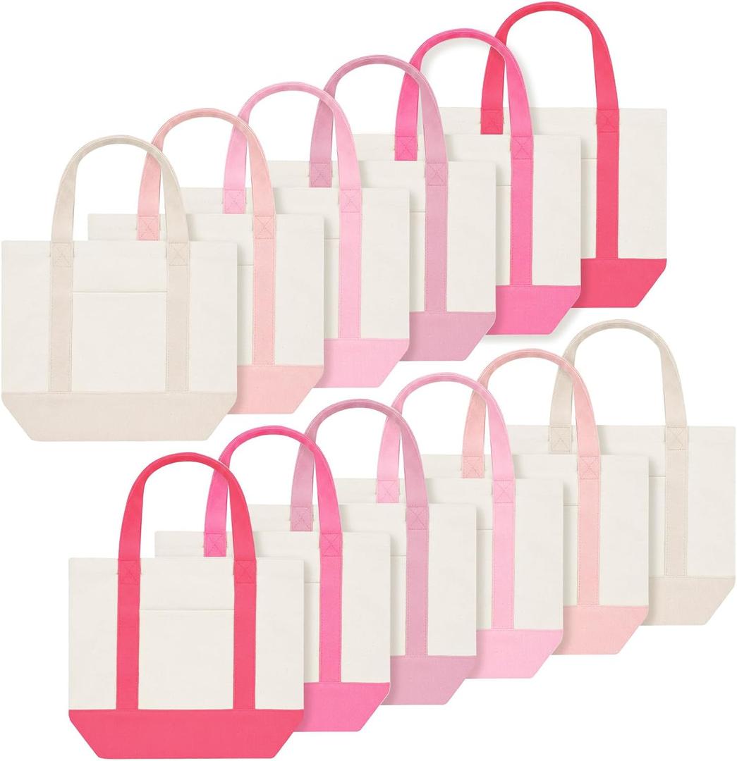Eccliy 12 Pcs Mini Canvas Tote Bags 13" x 11" x 6" Small Tote Shopping Bag Bulk with Pocket Handle Blank Heavy Duty Reusable Canvas (13" X 11" X 6",Pink Series)