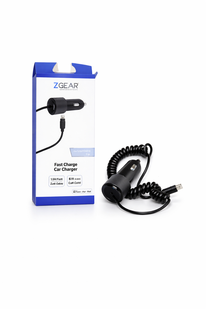 ZGEAR Fast Charge Car Charger with Lightning Cable – 1.5A Output, Coiled Cord, Compact In-Car Charging for iPhone & iPad