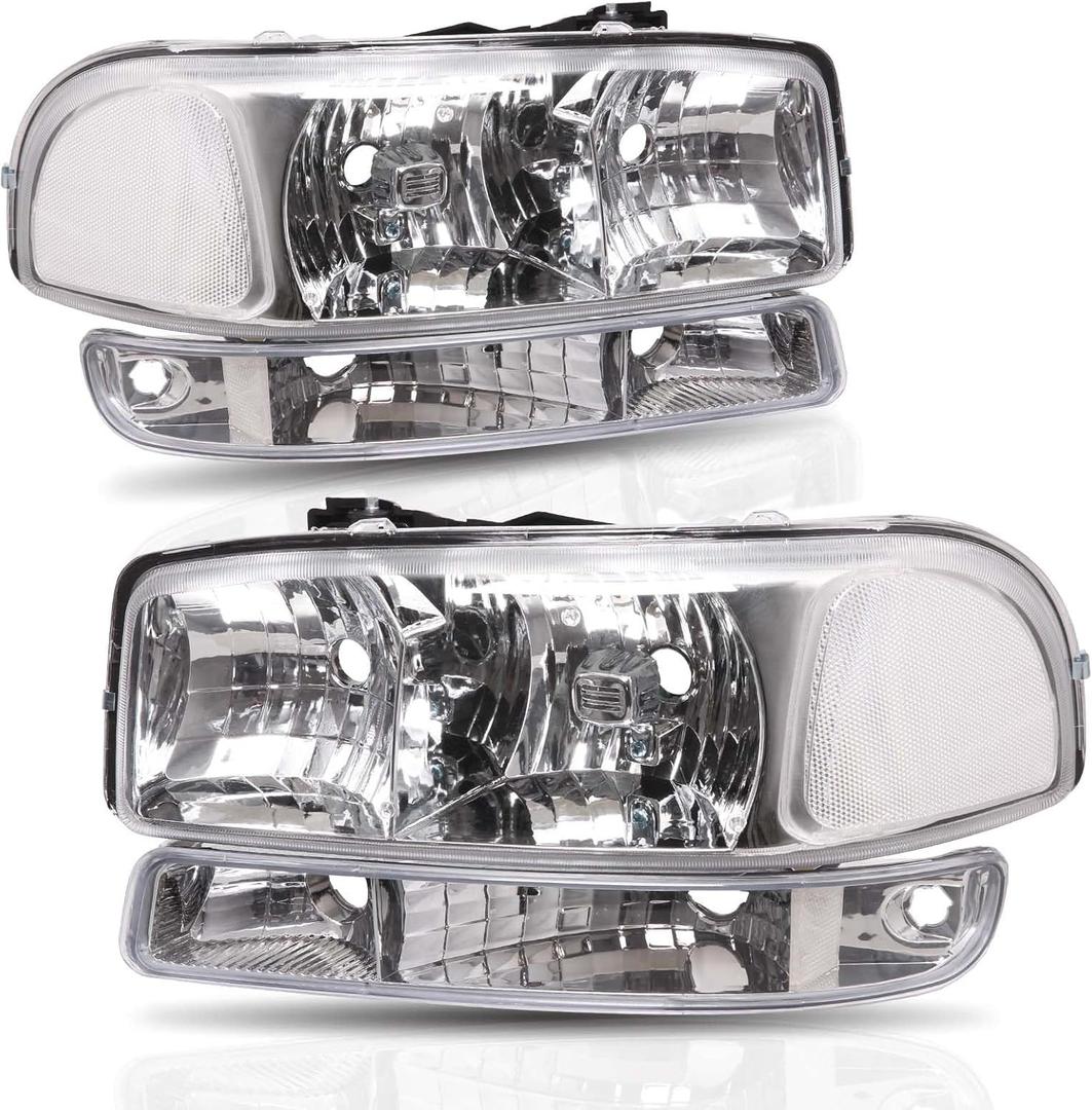 Headlight Assembly Compatible with 1999 2000 2001 2002 2003 2004 2005 2006 GMC Sierra 1500, for 2000-2006 GMC Yukon, Chrome Housing Clear Side, Driver and Passenger Side faros delanteros