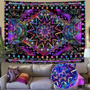 Blacklight Sun and Moon Tapestry Glow in The Dark Neon Hippie Bohemian Tapestries for Bedroom Aesthetic UV Reactive Purple Celestial Tie Dye Tapestry Wall Hanging for Living Room Dorm (60''  44'')