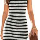 Sidefeel Womens 2024 Summer Sexy Hollow Out Crochet Dresses Casual Striped Crewneck Sleeveless Sundress Bodycon Mini Dress (Small)