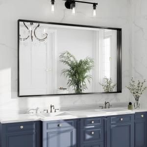 Black Bathroom Mirror 48x30, Wall Mounted Rectangular Vanity Mirror, Brushed Matte Frame, HD Distortion-Free Tempered Glass, Anti-Rust, Horizontal Vertical, Hardware Included