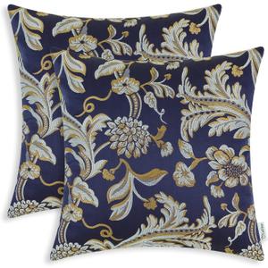 CaliTime Throw Pillow Covers Pack of 2 Vintage Floral Leaves Cushion Cases for Couch Sofa Home Decor 18 X 18 Inches Navy Blue