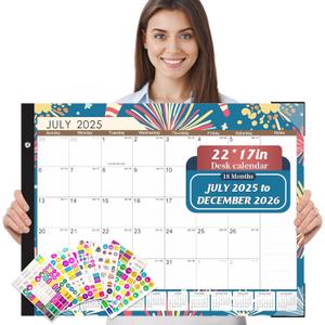 Gannyfer Desk Calendar 2025-2026, Large 22"x17" Monthly Calendar, July 2025 - Dec 2026, 18 Month Yearly Desktop Pad Calendar,Office Supplies Perfect for Home, School or Office(6 Stickers Included) (Blue)