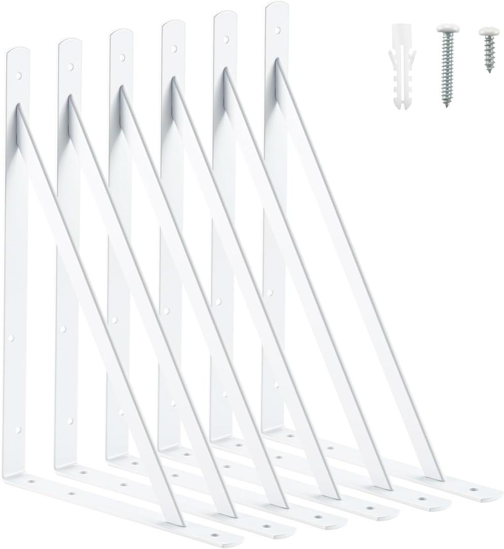 HOME MASTER HARDWARE 16x10 inch Heavy Duty Shelf Brackets, White Metal Wall Mounted Supports for Shelves, L Shaped Shelf Angle Bracket for Floating Shelves, 6 Pack