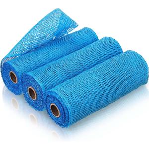 Chuangdi 3 Rolls Poly Burlap Deco Mesh 10 Inch Lake Blue Deco Poly Decorative Mesh Ribbon Wrapping Ribbon Rolls for Home Door Wreath Decoration DIY Crafts Making