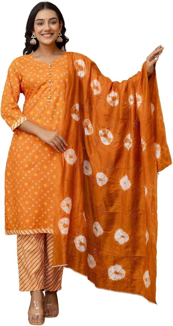 JG JAI GOVINDAM Indian Kurtis for Women Salwar Kameez Suit Set Indian Dresses Chikankari White Kurti Pant & Dupatta Set (Orange, XXL)