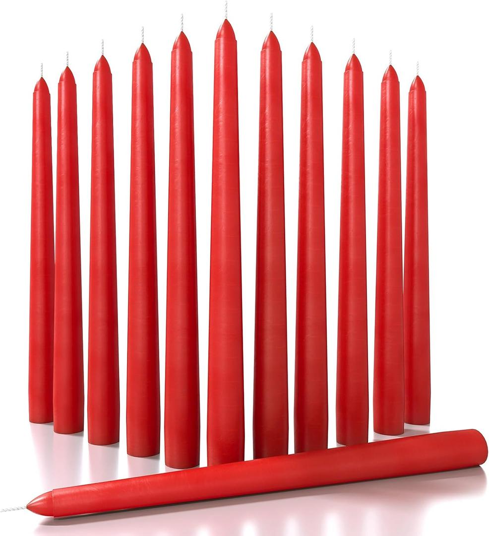 CANDWAX 12 inch Taper Candles Set of 12 - Dripless and Smokeless Candle Unscented - Slow Burning Candle Sticks - Red Candles