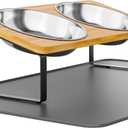 Elevated Cat Bowls Whisker Friendly,Cat Food Bowls with Silicone Food Mat,15Tilted Stand Anti Vomiting Raised Cat Dishes for Food and Water,2 Stainless Steel Bowls for Cats and Puppy, Bamboo