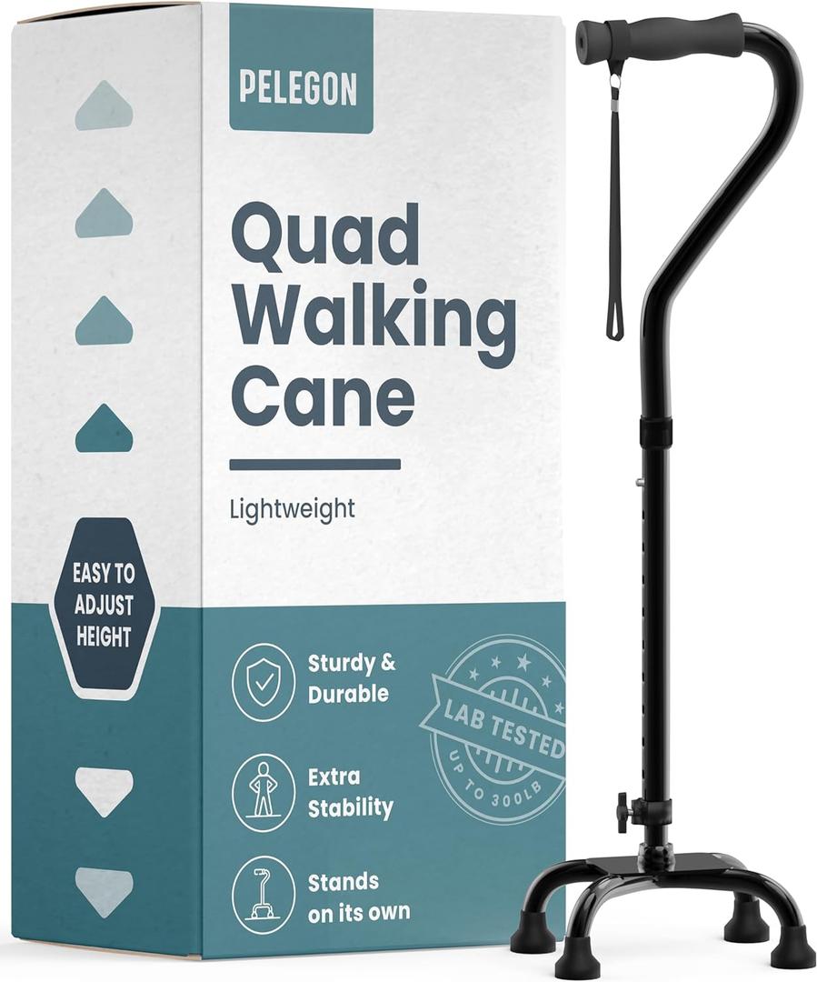 Quad Cane (300 lb) - Adjustable Walking Cane with A Large 4 Pronged Base for Extra Balance & Stability, Walking Canes for Seniors, Walking Cane for Men & Women, Walking Sticks (Black)