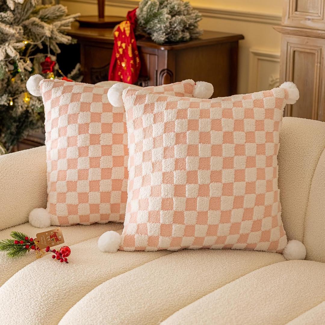 Faux Fur Plush Decorative Throw Pillow Covers with Pom Poms 18x18 Square Soft Christmas Checkered Pillow Covers for Couch Set of 2 Blush x2