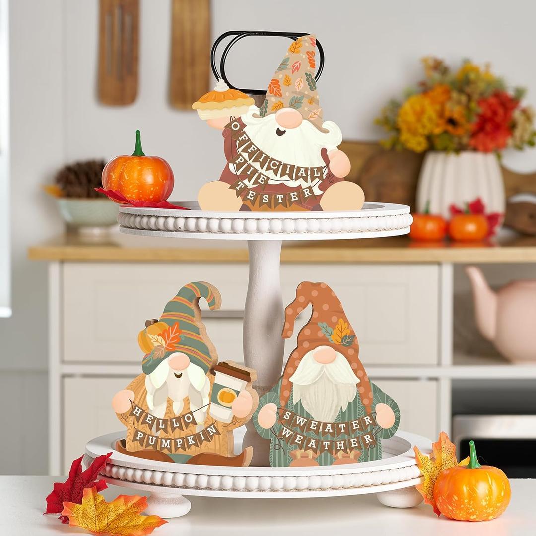 2 x Thanksgiving Fall Decor for Home - Wooden Gnomes for Tiered Tray, Table, Mantel, Bathroom - Fall Wood Sign