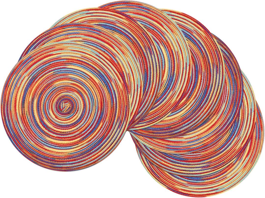 SHACOS Round Braided Placemats Set of 8 Washable 15 inch Round Table Mats Colorful Variegated Woven Place Mats for Dining Table (Rainbow Red, 8)