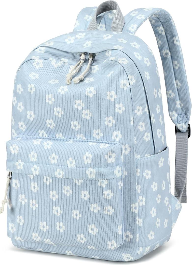 BTOOP School Backpack for Teens Large Corduroy Bookbag Lightweight 15.6 inch Laptop Bag for Girls Women Casual High School College (Cute Floral-blue)