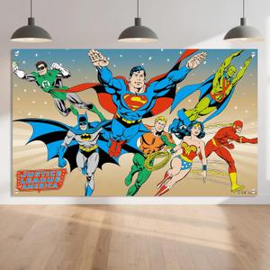 Superhero Backdrop Photography Background, Super Heros League Photo Booth Banner for Kids, Birthday Party Wall Decorations, Window Curtain Picnic Mat Outdoor Indoor Use