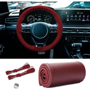 Leather Steering Wheel Cover, Stitch on Wrap, Breathable Anti-Slip Car Steering Wheel Protector, DIY Sewing with Needle Thread,15 Inch (Wine Red, Hole)