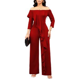 sexycherry Formal Jumpsuit for Women Dressy Elegant Long Straight Pants Jumpsuits for Party Club with Zipper (Small, Red/Off Shoulder)