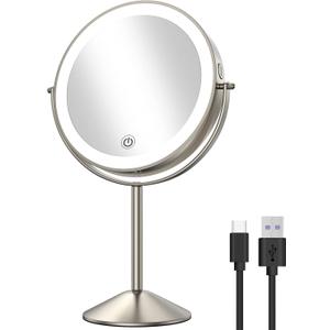 Gospire 8" Lighted Makeup Mirror with Magnification 10X/1X, 3 Color Lights & Dimmable Lighting, 360 Rotation Double Sided Rechargeable Cordless Vanity Cosmetic Standing LED Mirror for Makeup