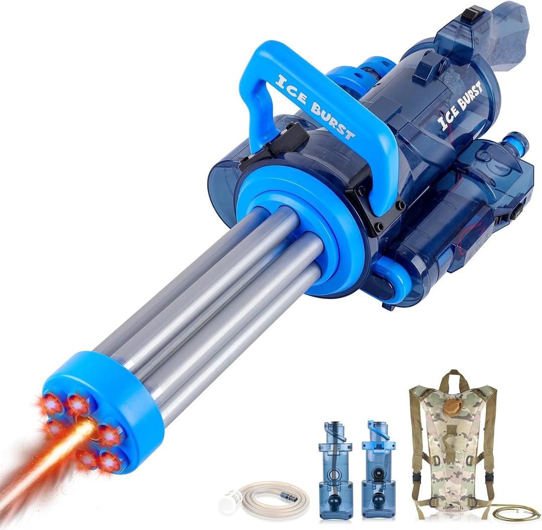 Gatling Electric Water Gun, Automatic Powerful Squirt Gun Long Range High Capacity WaterGun with Plumbing & Backpack, Strongest Water Blasters Cool Summer Water Toy Gifts for Kids & Adults (Blue)