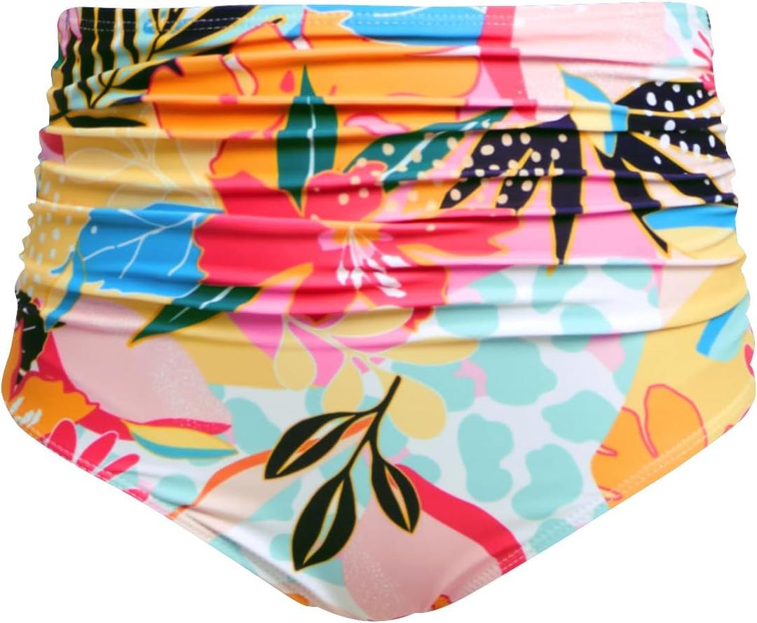 Tempt Me Women High Waisted Bikini Bottom Retro Ruched Swim Bottom Shirred Tankinis Brief (Large, Colorful Floral)