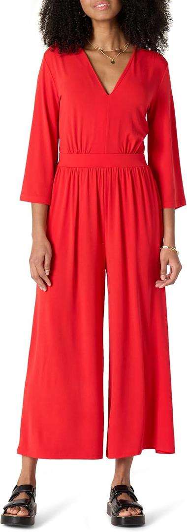 Amazon Essentials Women's Relaxed-Fit Matte Jersey Jumpsuit (Red, XS)