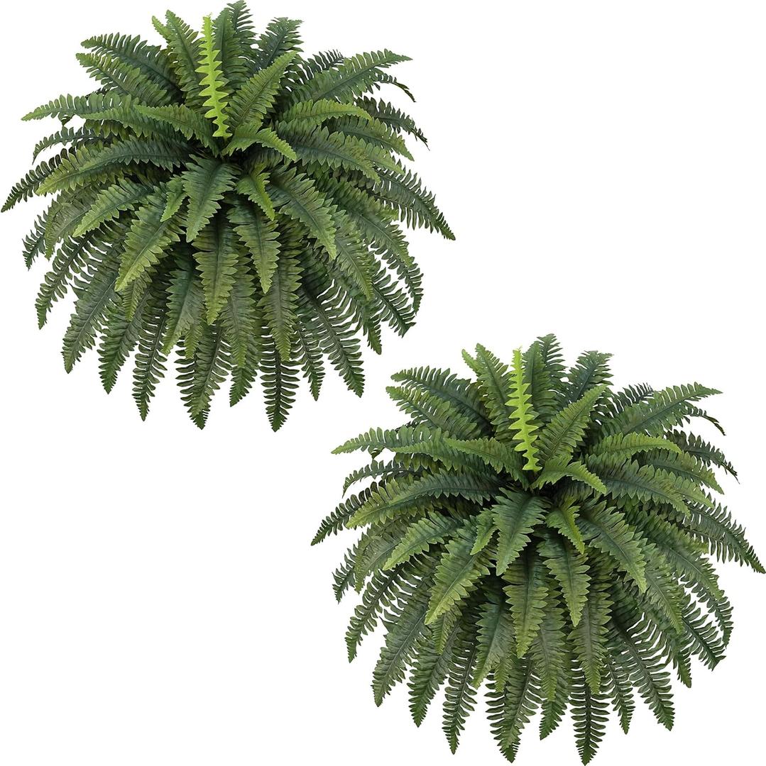 FOREST PRINCE 42" Artificial Boston Fern Large Bush Plants, 2 Bundles of Fake Ferns with 65 Fronds for Outdoors Home Decor