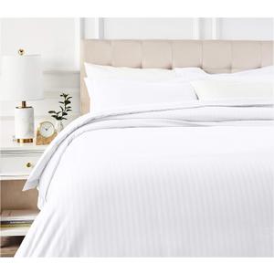 Amazon Basics Brushed Microfiber 3 Piece Duvet Cover Set, Full/Queen, Bright White, Striped