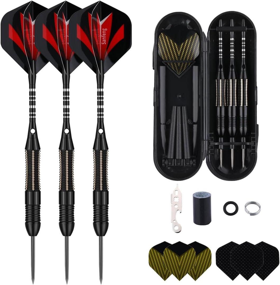 Steel Tip Darts Set for Dartboard, Professional Brass Darts Metal Tip Black Purple Aluminium Nylon Shafts 9 Flights 50 Rubber O-Rings 12 Spring Rings 1 Dart Sharpener Tool 24/27 Grams