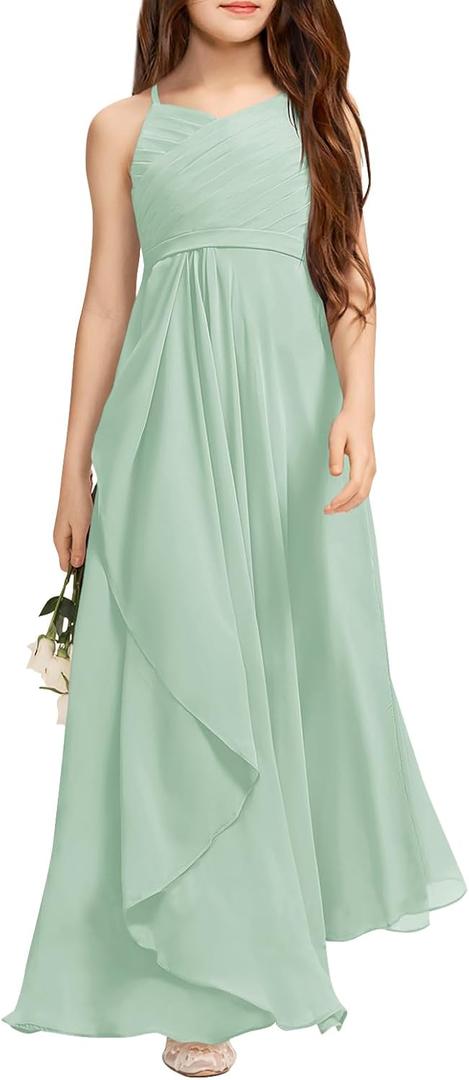 Imily Bela Girls A-Line Halter Dress Junior Bridesmaid Flower Girl Flowy Chiffon Maxi Dresses Wedding Party Pageant Gown (7-8 Years, Green)