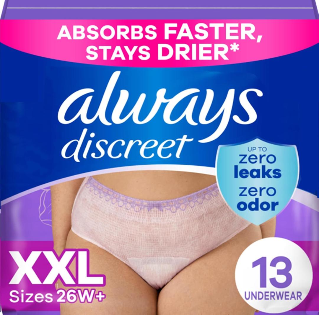 Always Discreet Adult Diapers for Women, Incontinence Underwear, Postpartum Essentials, Disposable Briefs, Max Absorbency, Bladder Leak Protection, 2XL / XXL, 13ct