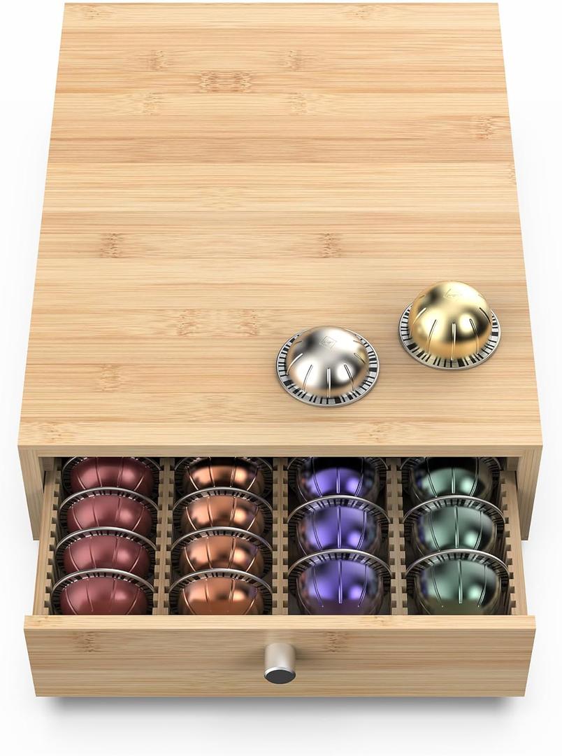 for Nespresso Vertuo Capsules (NV136) - Premium Bamboo Coffee Pod Drawer, 36 Big or 48 Small Vertuoline Pods Organizer - 10.8"Wx14"Dx3.9"H (Natural) (Standard 48 Capacity)