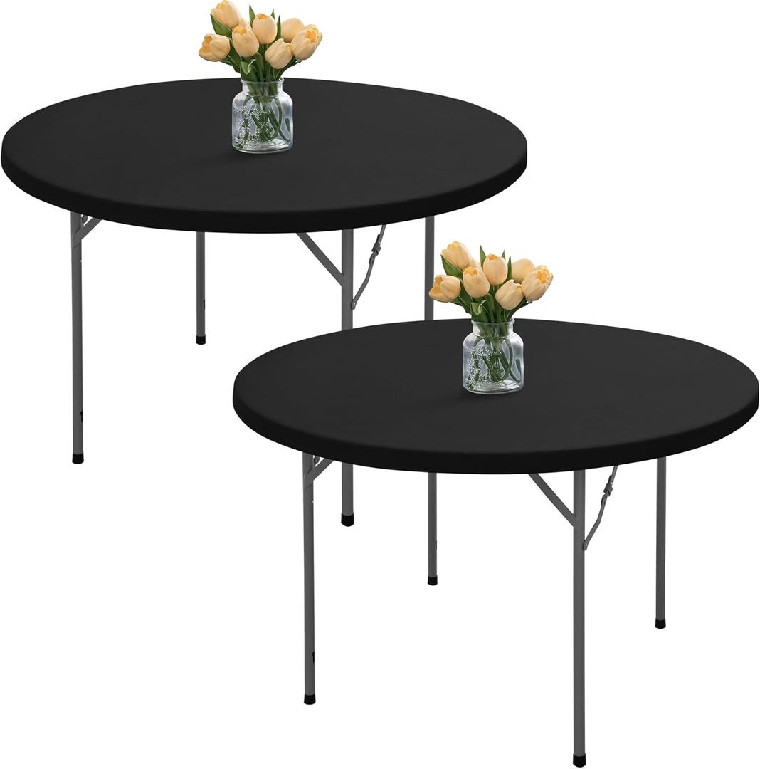 Fitted Round Table Cover with Elastic - 2 Pack Black Round Tablecloths 60 Inch, Windproof & Non-Slip Dining Circle Table Protector for Outdoor Picnic, Party, Event