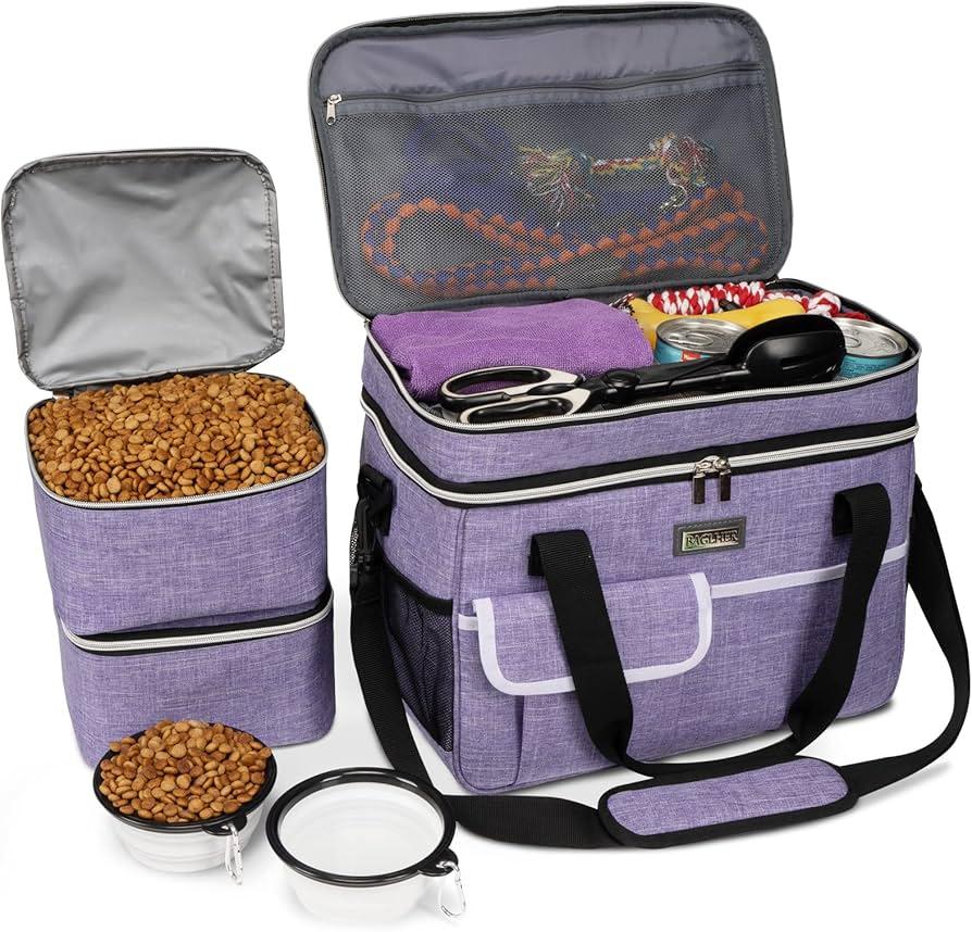 BAGLHER Dog Travel Bag for Supplies - Double-Layer Airline Approved Weekend Pet Travel Organizer Set for Dog and Cat Tote with 2 Pet Food Containers and 2 Collapsible Silicone Bowls Black