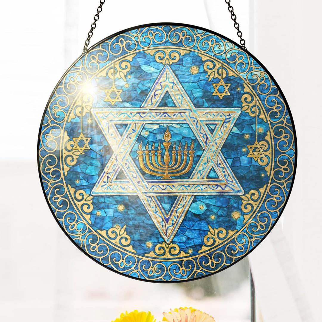 FLAGWIX Hanukkah Gifts for Women Men - Star of David Stained Glass Window Hanging 8 in - Hanukkah Sun Catcher Hanging Decor, Chanukah Suncatchers for Garden Decor, Religious Spiritual Gifts for Mom (Royal  Hanukkah Radiance)