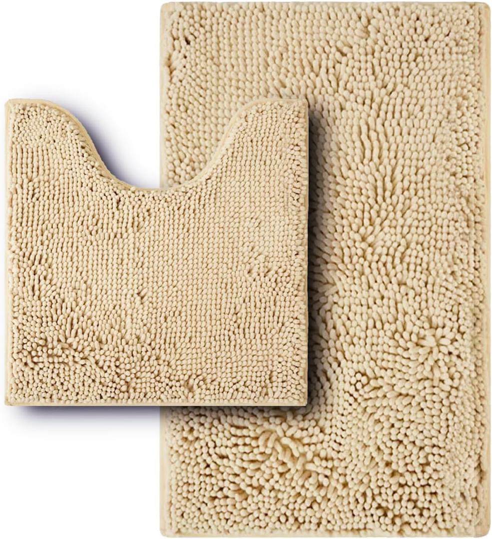 Bathroom Rugs Sets 2 Piece,Super Absorbent Soft,Thick,Machine Washable Chenille Bath Mat,Non Slip Toilet Floor Rug,Bath Mats for Bathroom,20x32 Plus 20x20 U Shape,Beige