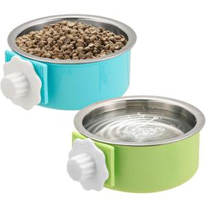 Mechpia 2 Pieces Crate Dog Bowl, Removable Stainless Steel Pet Kennel Hanging Food Water Feeder Bowl Cage Coop Cup for Puppy Medium Dog Cat Rabbit Ferret Bird (Blue, Green)