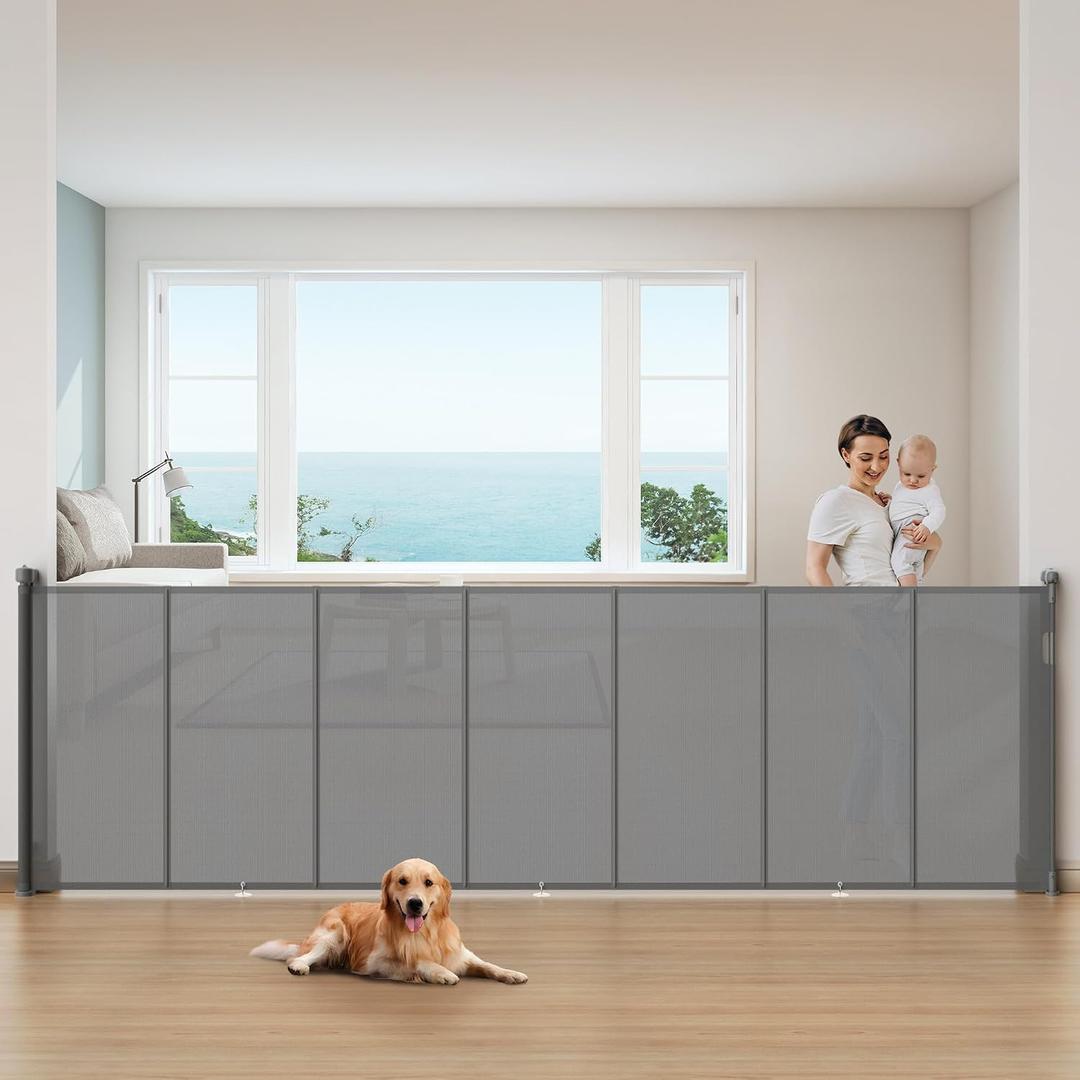 120 Inch Retractable Baby Gates Extra Wide, 42 Inch Tall Retractable Gate, 10 FT Reinforced Retractable Dog Gate with Rods & Hooks to Prevent Crawling Through, for Stairs, Indoor/Outdoor, Gray