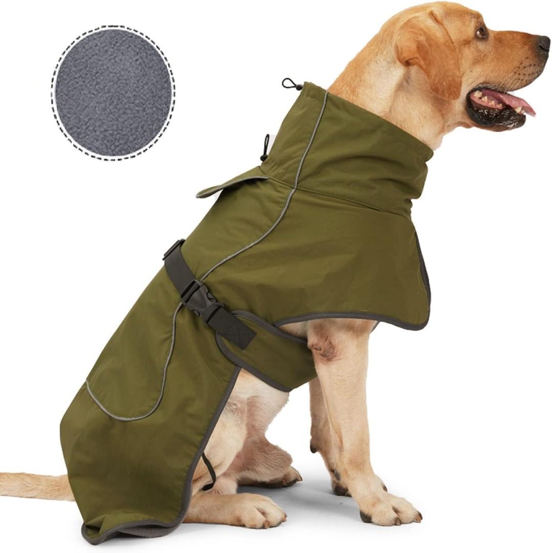 Barkworthies Dog Raincoat - Waterproof Winter Jacket with Velvet Inner, Reflective Strip, Green, Large