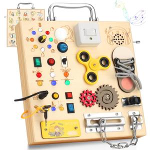 Wooden Busy Board with LED Light Montessori Baby Learning Toys for Toddlers , Sensory Activity Board, Travel Educational Toys, Boy & Girl Birthday Gift (Silver Handle)