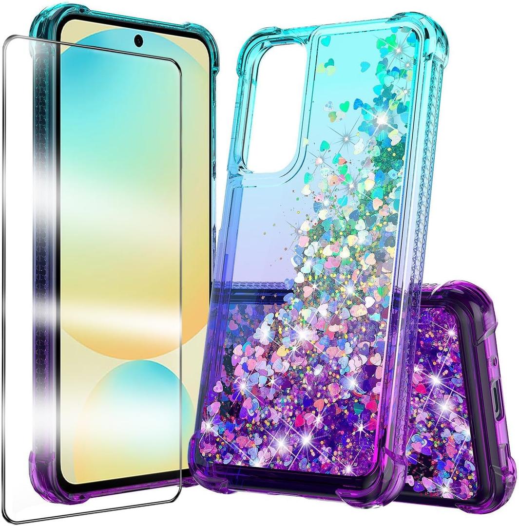 for Samsung Galaxy A56 5G Case with Tempered Glass Screen Protector Glitter Bling Floating TPU Bumper Cushion Corners Protection Case - Purple