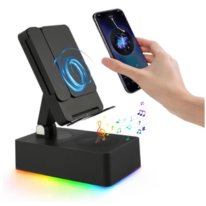 TuneEIf Wireless Induction Bluetooth Speaker, 5in1 Foldable Phone Holder, 1500mAh Emergency Charging, Colorful LED Ambient Light, Tech Gadgets Gifts for Men Women, for iPhone Android Tablet, Black