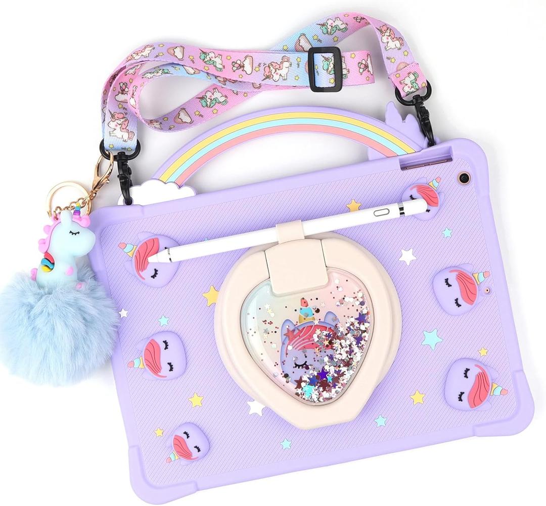 [Super Cute Rainbow Handle Unicorn Case] Compatible with iPad Mini 6th Generation 2021 (8.3 Inch) Pop it Case Cover for Kids Girls with Hand Strap and 360 Rotating Stand - Purple
