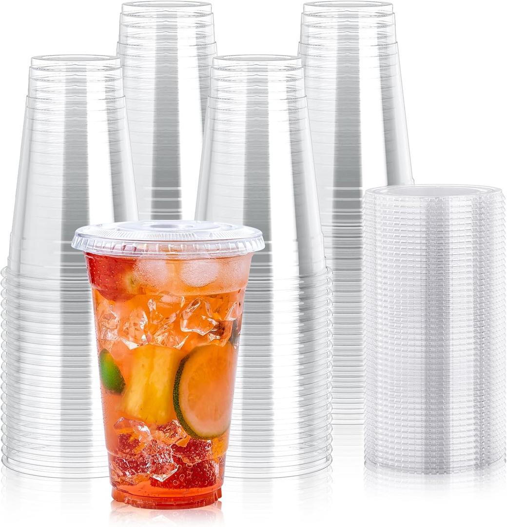 Lilymicky [90 Sets] 20 oz Clear Plastic Cups With Flat Lids, Disposable Drinking Cups, 20 oz Plastic Cups for Ice Coffee, Smoothie, Slurpee, or Any Cold Drinks