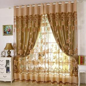 Amidoudou 1 Pair European Double Layer Curtains for Living Room Bedroom Lily Patterned Curtains with Tassel Beads (Brown,54x90 Inch) (54"W x 90"L (Pack of 2))