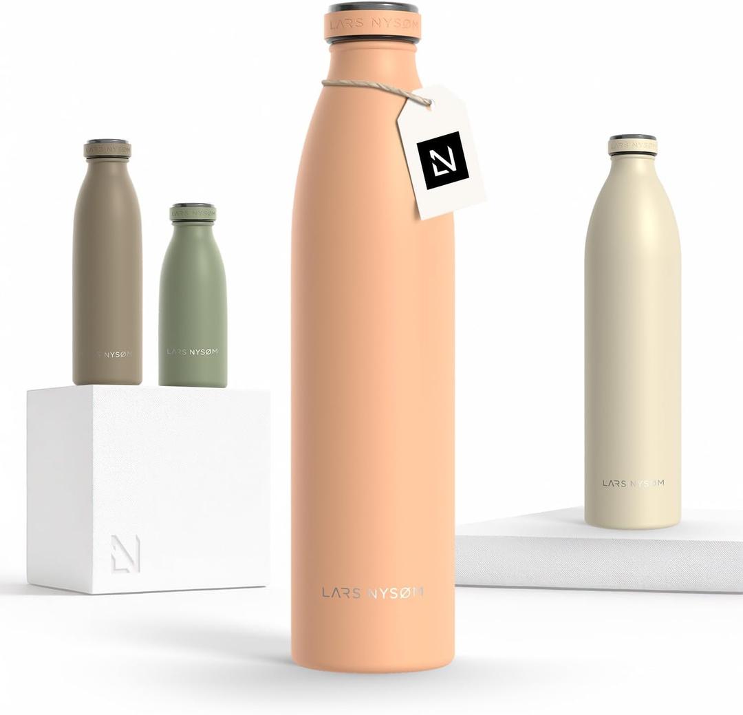 LARS NYSM Stainless Steel Insulated Water Bottle 12oz 17oz 25oz 34oz 51oz | Insulated Thermo Flask for Hot and Cold Beverages | Leakproof Drinking Bottle (Creamy Peach, 33.9oz) (33.8 Ounces)